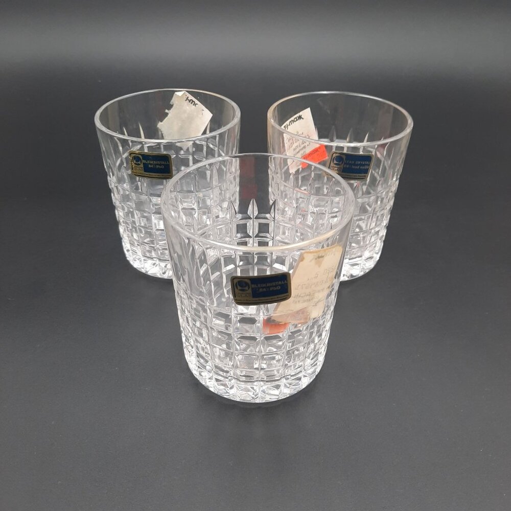 Vintage Bleikristall Crystal Glass Tumblers Striped Plaid Tartan Set Of 3‎